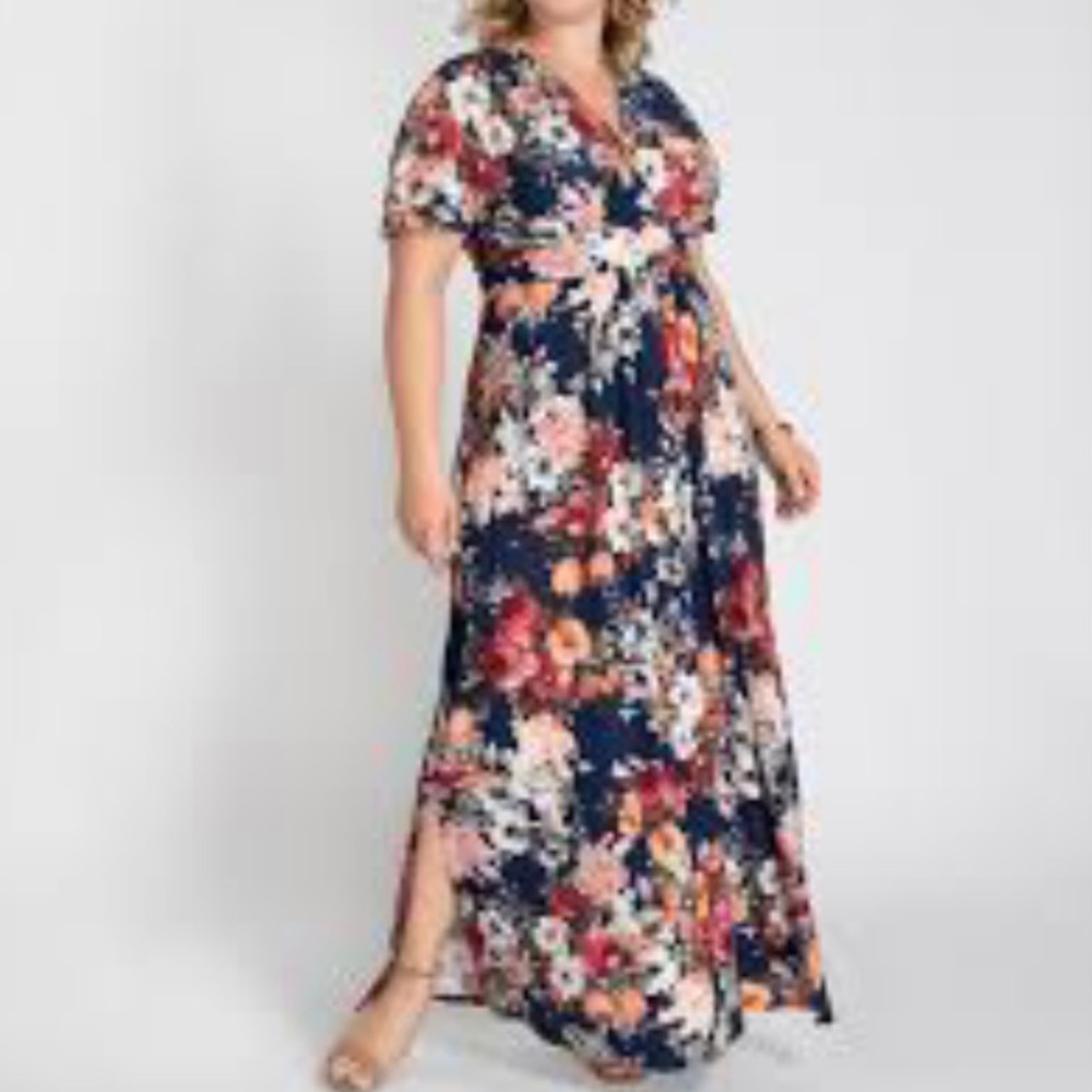 Kiyonna Navy Floral V‑Neck Maxi Dress with Side Slit
